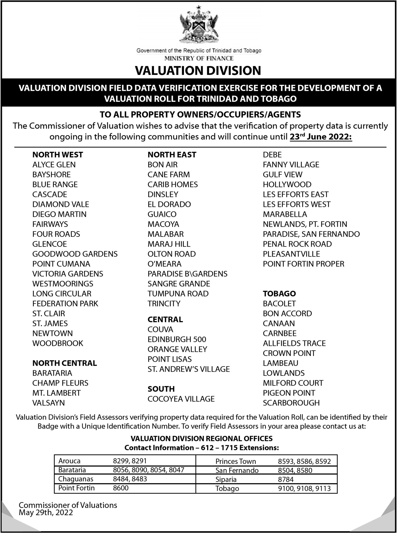 Public Notice Valuation Division Field Data Exercise for the